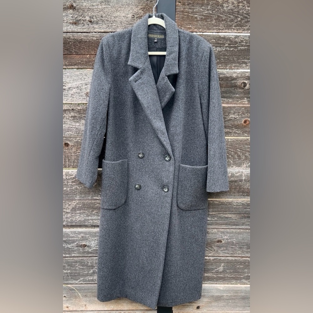 VINTAGE Wool Trench Coat by Kristen Blake, Charcoal Double-Breasted with Pockets